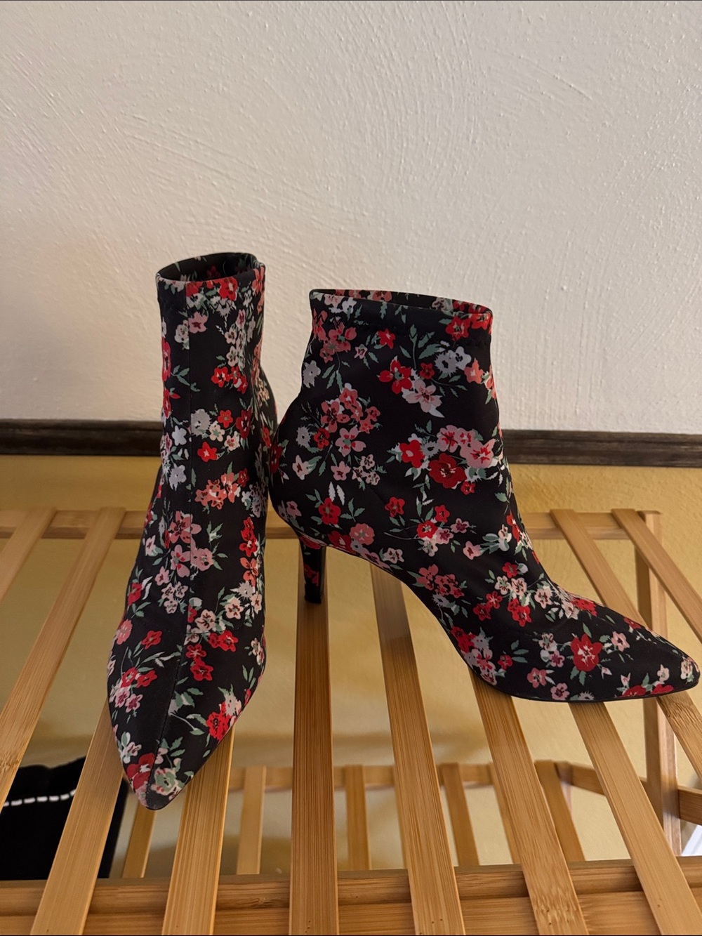 Black Floral Pointed Toe Ankle Boots